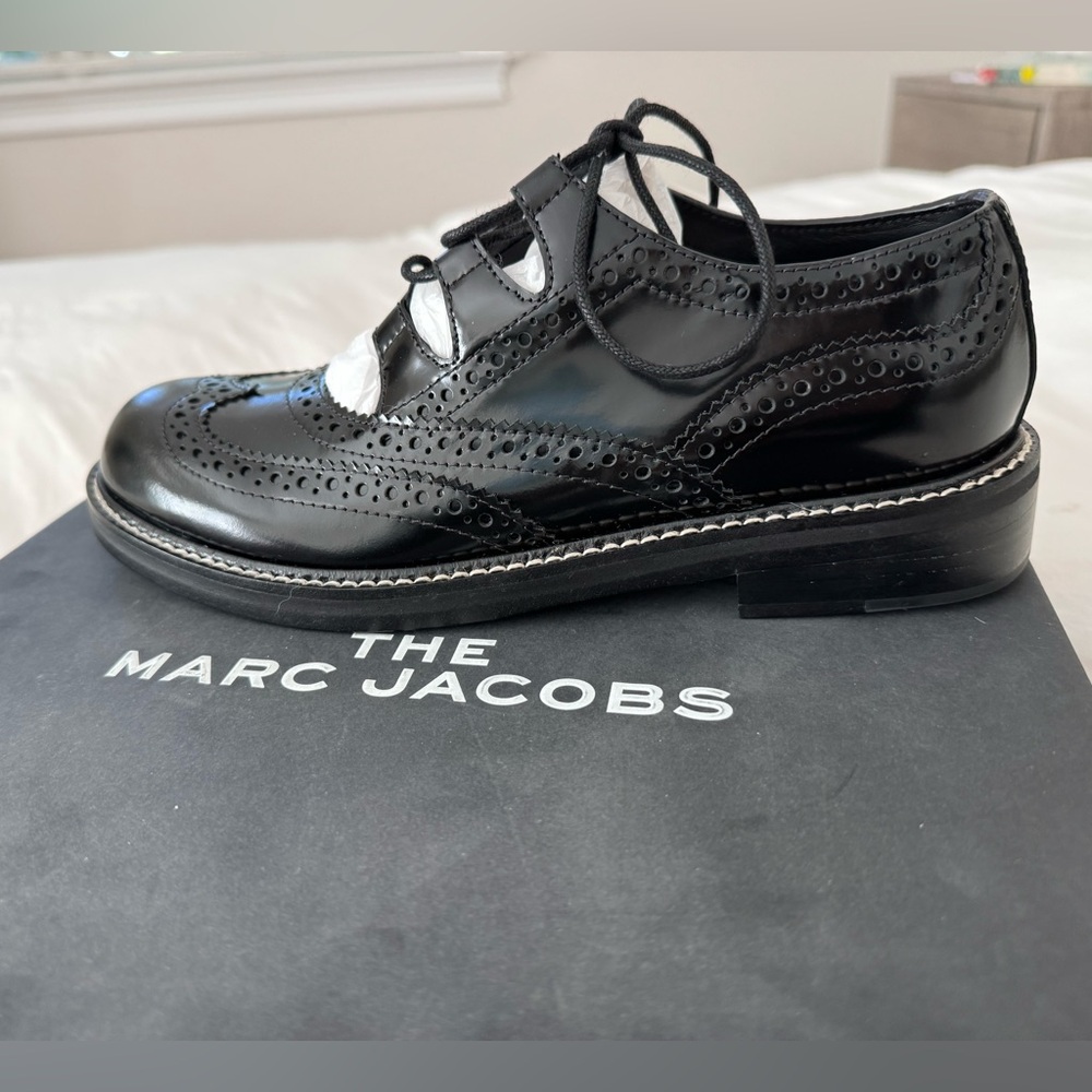 MARC JACOBS Womens Black The Ghillie Round Toe Wedge Leather Oxford Shoes 37.5